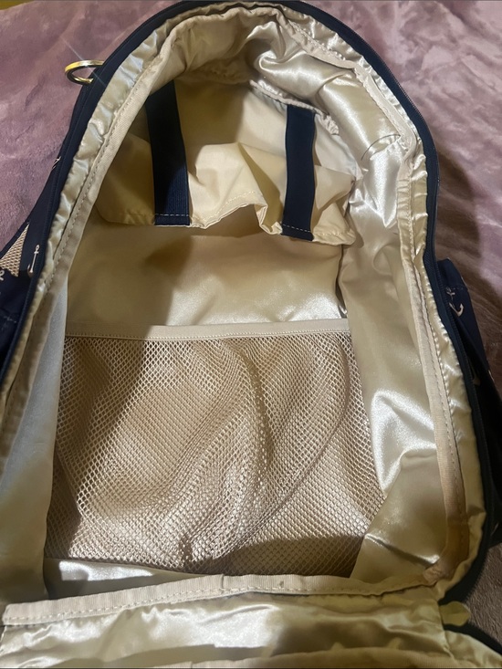 Ju-Ju-Be Navy Diaper Backpack with Pink Anchor Print and Gold Hardware